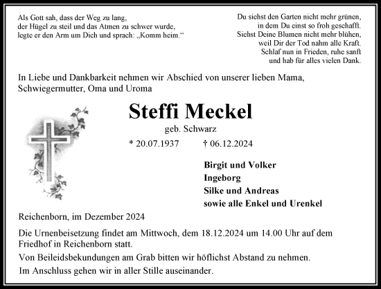 Traueranzeige von Steffi Meckel von Weilburger Tageblatt