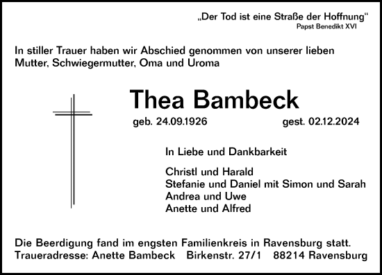 Traueranzeige von Thea Bambeck von Dieburger Anzeiger/Groß-Zimmerner Lokal-Anzeiger