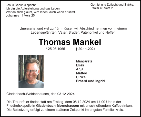 Traueranzeige von Thomas Mankel von Hinterländer Anzeiger