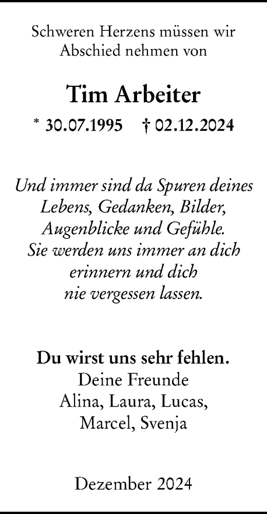 Traueranzeige von Tim Arbeiter von Nassauische Neue Presse