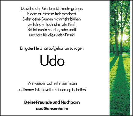 Traueranzeige von Udo  von Allgemeine Zeitung Mainz