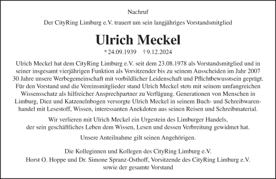 Traueranzeige von Ulrich Meckel von Nassauische Neue Presse