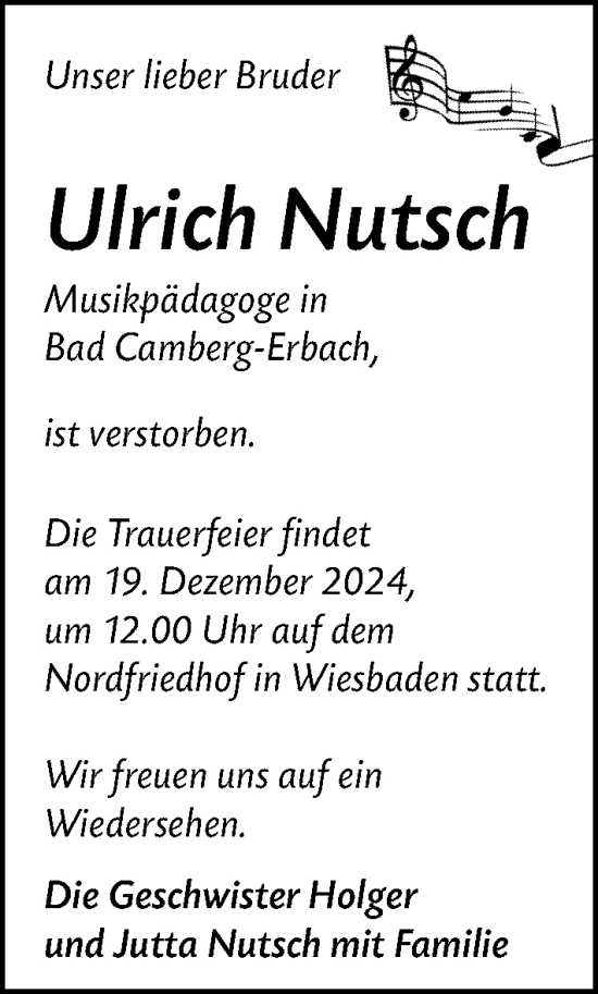 Traueranzeige von Ulrich Nutsch Nutsch von Camberger Anzeiger