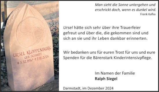 Traueranzeige von Ursel Kloppenburg von Darmstädter Echo
