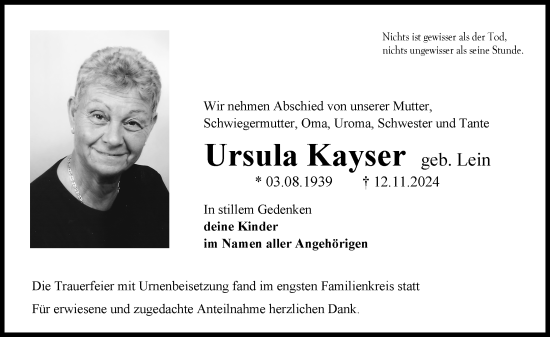 Traueranzeige von Ursula Kayser von Allgemeine Zeitung Alzey
