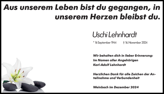 Traueranzeige von Uschi Lehnhardt von Weilburger Tageblatt