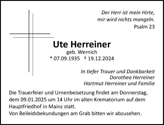 Traueranzeige von Ute Herreiner von Allgemeine Zeitung Mainz