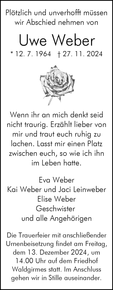Traueranzeige von Uwe Weber von Wetzlarer Neue Zeitung