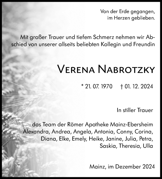 Traueranzeige von Verena Nabrotzky von Allgemeine Zeitung Mainz