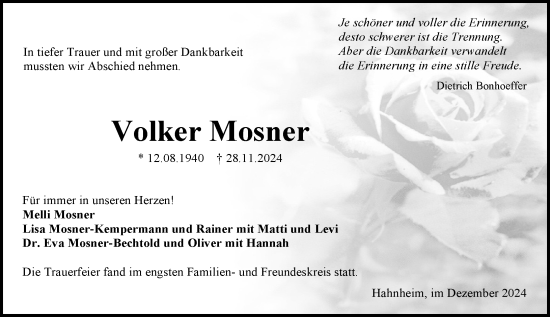 Traueranzeige von Volker Mosner von Allgemeine Zeitung Mainz