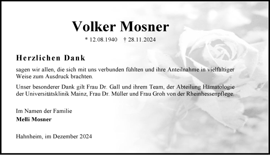 Traueranzeige von Volker Mosner von Allgemeine Zeitung Mainz