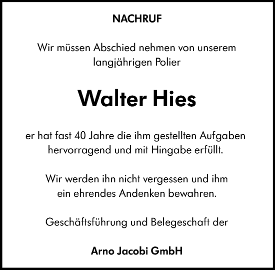 Traueranzeige von Walter Hies von Idsteiner Land/Untertaunus