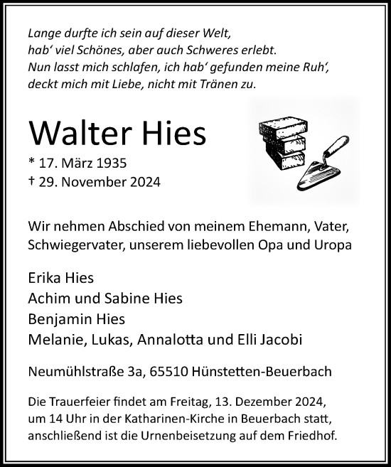 Traueranzeige von Walter Hies von Idsteiner Land/Untertaunus