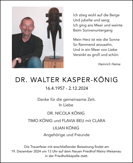 Traueranzeige von Walter Kasper-König von Wiesbadener Kurier