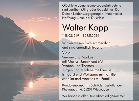Traueranzeige von Walter Kopp von Wiesbadener Kurier