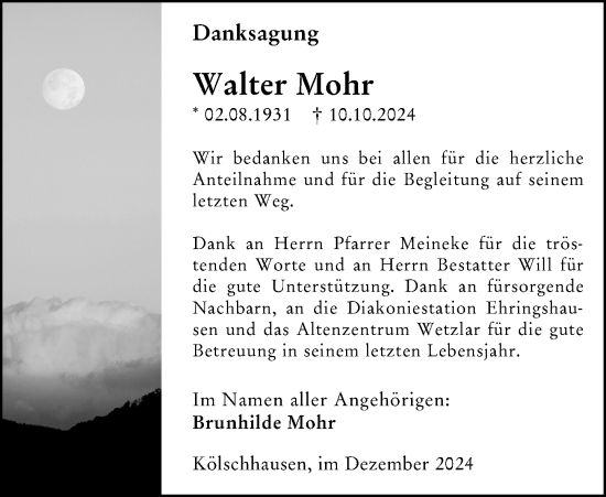 Traueranzeige von Walter Mohr von Wetzlarer Neue Zeitung