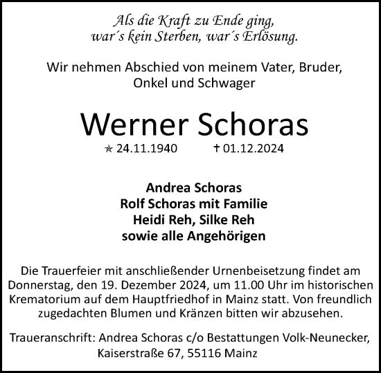 Traueranzeige von Werner Schoras von Allgemeine Zeitung Mainz