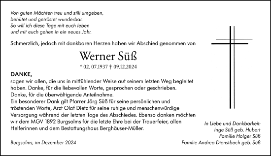 Traueranzeige von Werner Süß von Wetzlarer Neue Zeitung