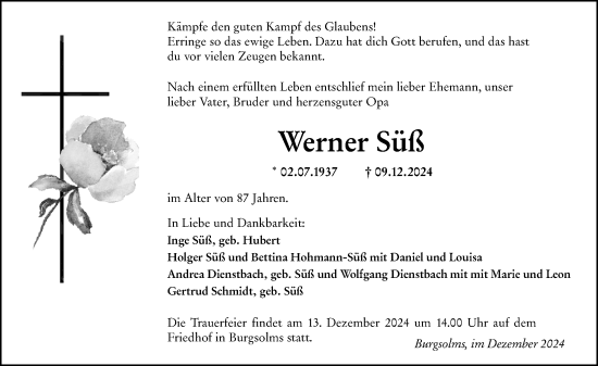 Traueranzeige von Werner Süß von Wetzlarer Neue Zeitung