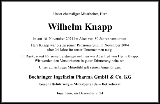 Traueranzeige von Wilhelm Knapp von Allgemeine Zeitung Rheinhessen-Nahe