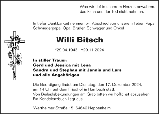 Traueranzeige von Willi Bitsch von Starkenburger Echo