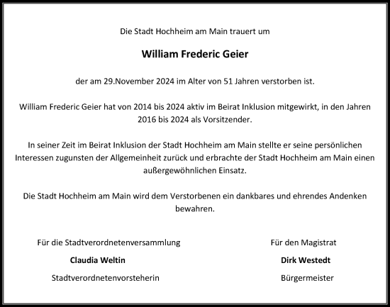 Traueranzeige von William Frederic Geier von Hochheimer Zeitung
