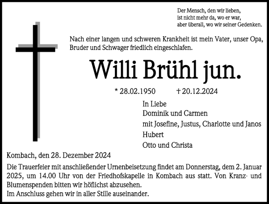 Traueranzeige von Willli Brühl von Hinterländer Anzeiger