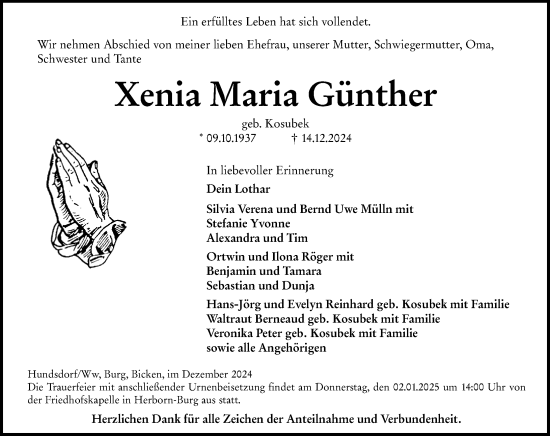 Traueranzeige von Xenia Maria Günther von Dill Block