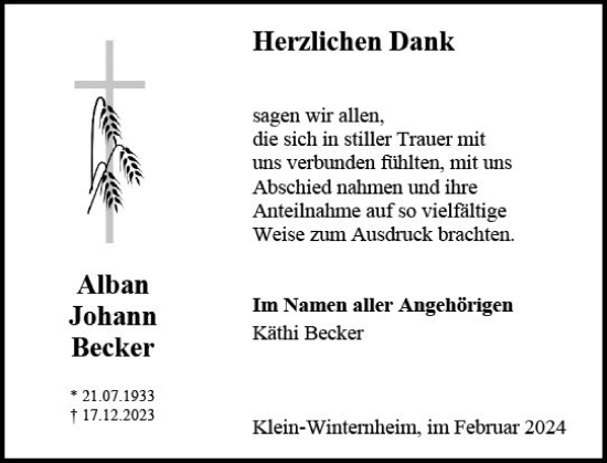 Traueranzeige von Alban Johann Becker von Allgemeine Zeitung Mainz