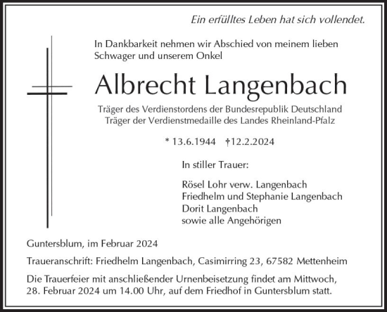 Traueranzeige von Albrecht Langenbach von Wormser Zeitung