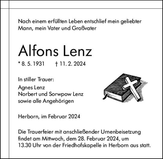 Traueranzeige von Alfons Lenz von Dill Block