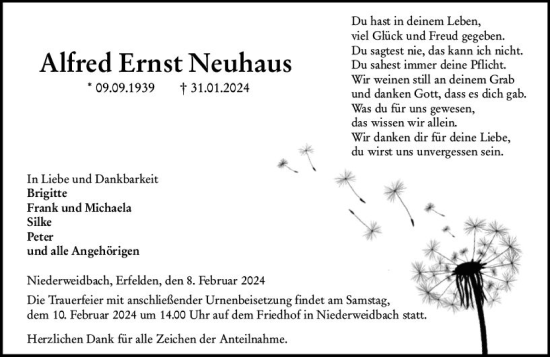 Traueranzeige von Alfred Ernst Neuhaus von Wetzlarer Neue Zeitung