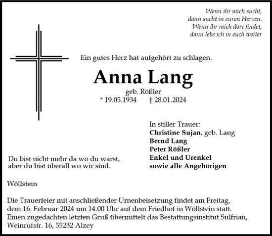 Traueranzeige von Anna Lang von Allgemeine Zeitung Alzey