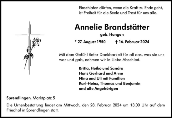 Traueranzeige von Annelie Brandstätter von Allgemeine Zeitung Bingen/Ingelheim