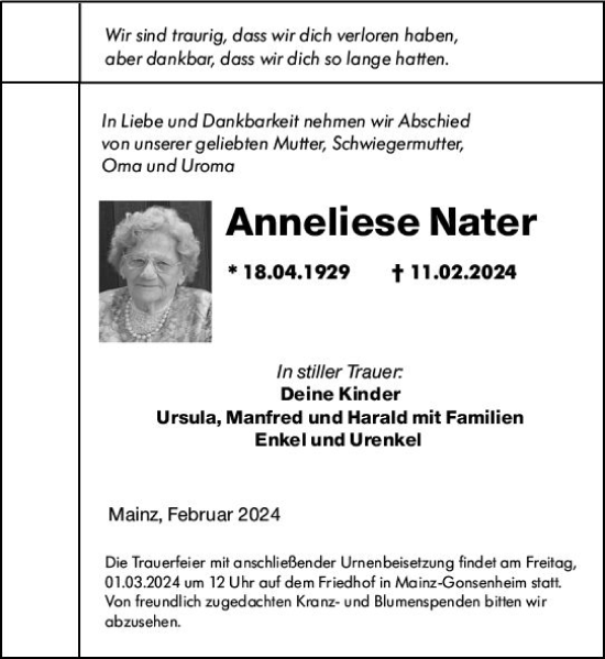 Traueranzeige von Anneliese Nater von Allgemeine Zeitung Mainz