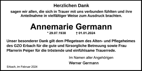 Traueranzeige von Annemarie Germann von Odenwälder Echo