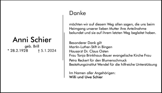 Traueranzeige von Anni Schier von Allgemeine Zeitung Bingen/Ingelheim