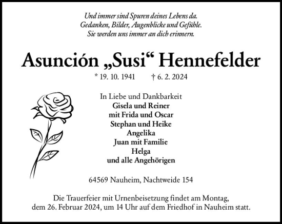 Traueranzeige von Asuncion Hennefelder von Rüsselsheimer Echo