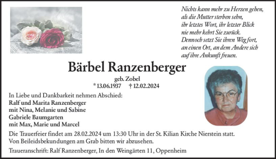 Traueranzeige von Bärbel Ranzenberger von Allgemeine Zeitung Mainz
