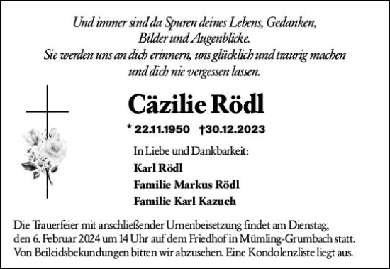 Traueranzeige von Cäzilie Rödl von Odenwälder Echo