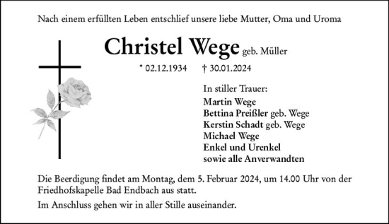 Traueranzeige von Christel Wege von Hinterländer Anzeiger