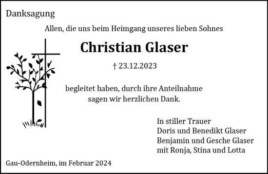 Traueranzeige von Christian Glaser von Allgemeine Zeitung Alzey