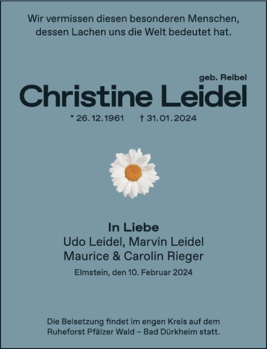 Traueranzeige von Christine Leidel von Wormser Zeitung