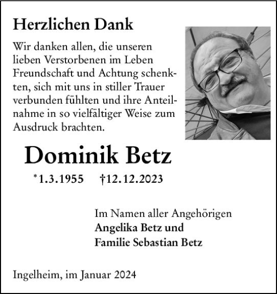 Traueranzeige von Dominik Betz von Allgemeine Zeitung Mainz