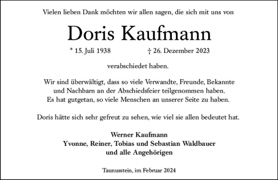 Traueranzeige von Doris Kaufmann von Wiesbadener Kurier