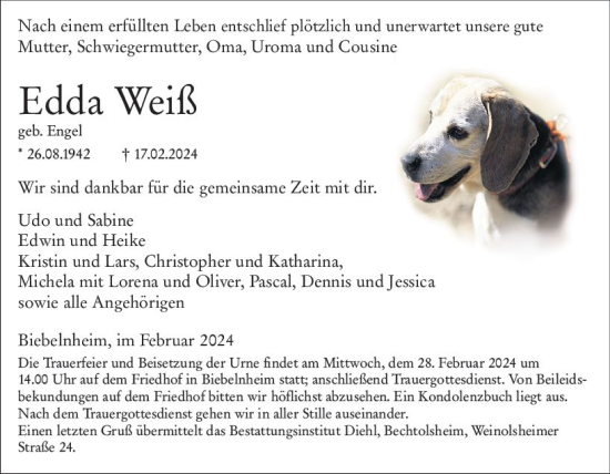 Traueranzeige von Edda Weiß von Allgemeine Zeitung Alzey