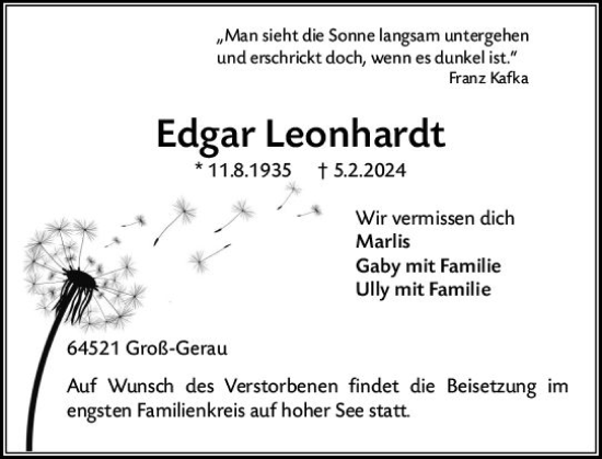 Traueranzeige von Edgar Leonhardt von Groß-Gerauer Echo