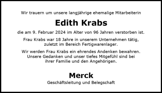 Traueranzeige von Edith Krabs von Darmstädter Echo