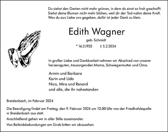 Traueranzeige von Edith Wagner von Hinterländer Anzeiger