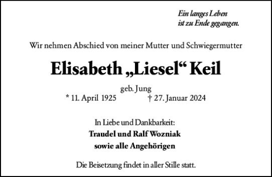 Traueranzeige von Elisabeth Keil von Darmstädter Echo